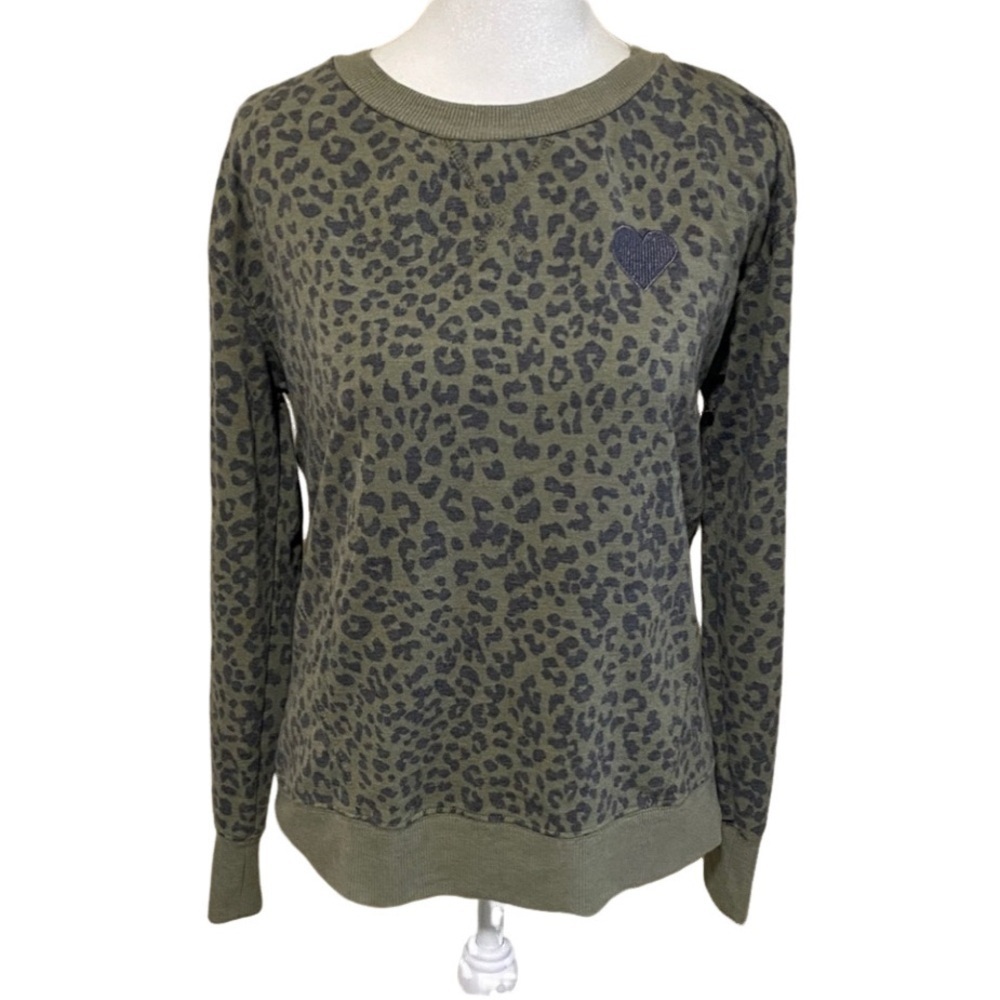 C & C California Olive Green Leopard Print Sweatshirt with Heart Patch. Size S.